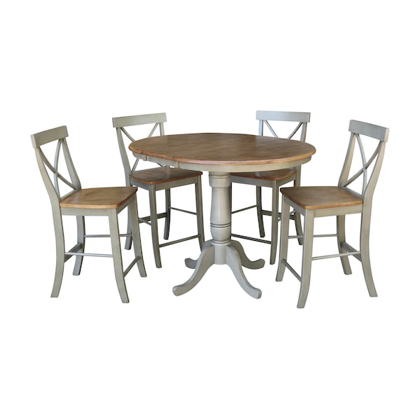 International Concepts Round 36 in Rd Extension Dining Table, 4 X-back Counter Ht Stools, Hickory/Stone, 36 W, 48 L, Wood K41-36RXT-6B-S6132-4 - main